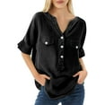 thumbnail image 7 of Breezora Stand Collar Mid Sleeve Button Front Shirt Women's Loose Fit Casual Cotton Tops XXL Size Black, 7 of 7