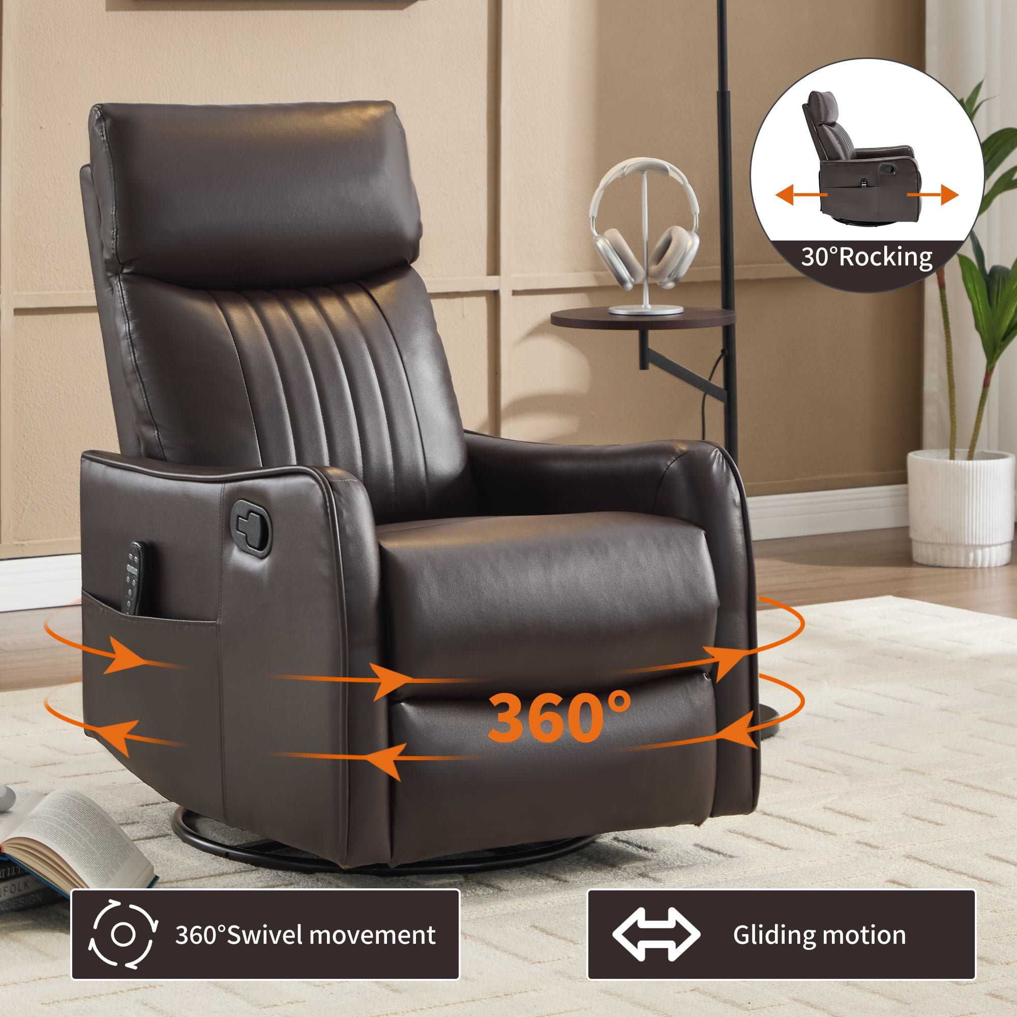 Leumius Manual Swivel Rocker Recliner Chair for Adults,Overstuffed Reclining Glider Chair with Vibration Massage & Heat,Upholstered Recliners with Side Pockets for Living Room,Dark Brown PU