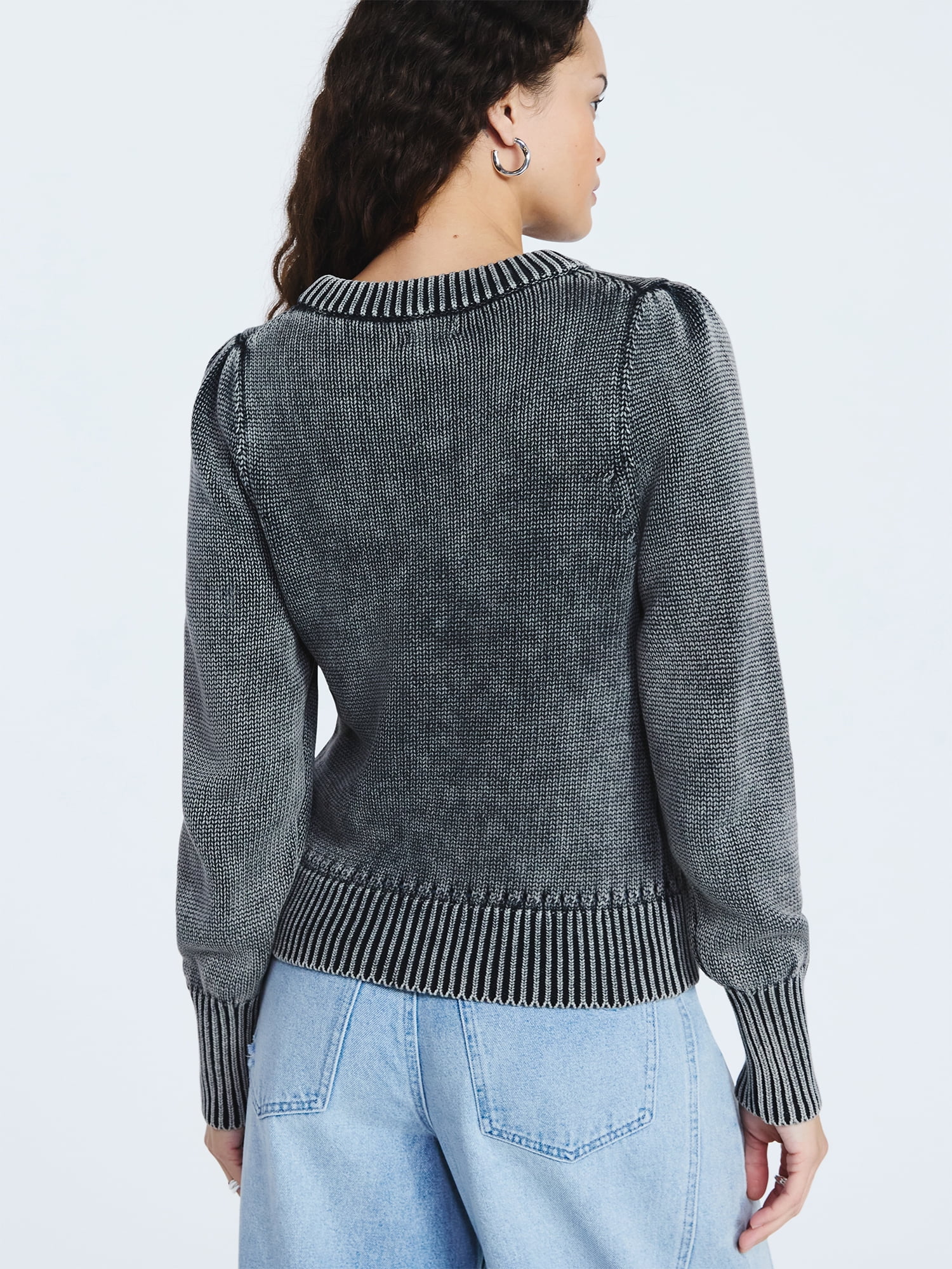 Scoop Women’s Acid Wash Cotton Sweater with Long Puff Sleeves, Midweight, Sizes XS-XXL
