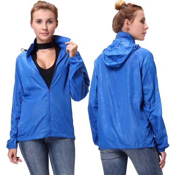Front-Zip Hooded Rain Jacket for Women Ultra Thin Outdoor Packable Lightweight Windbreaker Quick Dry Comfortable Warm Windproof Sports Jacket Portable Sun Protection