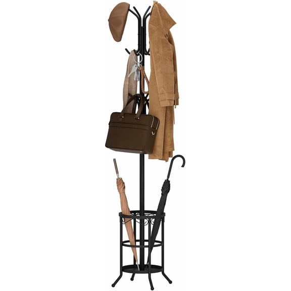 Coat Rack Freestanding with Umbrella Holder – Metal Hanger Stand, Hall Tree with 12 Hooks, Entryway Organizer for Hats, Bags, and Clothes (Black)