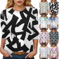 thumbnail image 2 of Womens 2025 Fall 3/4 Sleeve Crew Neck Blouse Fashion Print Casual Loose Fit Shirt Top, 2 of 6