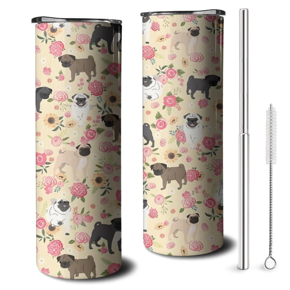 20oz Pugs and Pioneer Flower Skinny Tumblers Stainless Steel Tumbler with Lid and Straw,Vacuum Insulated Double Wall Travel Tumbler Cups with Cleaning Brush for Coffee,Tea