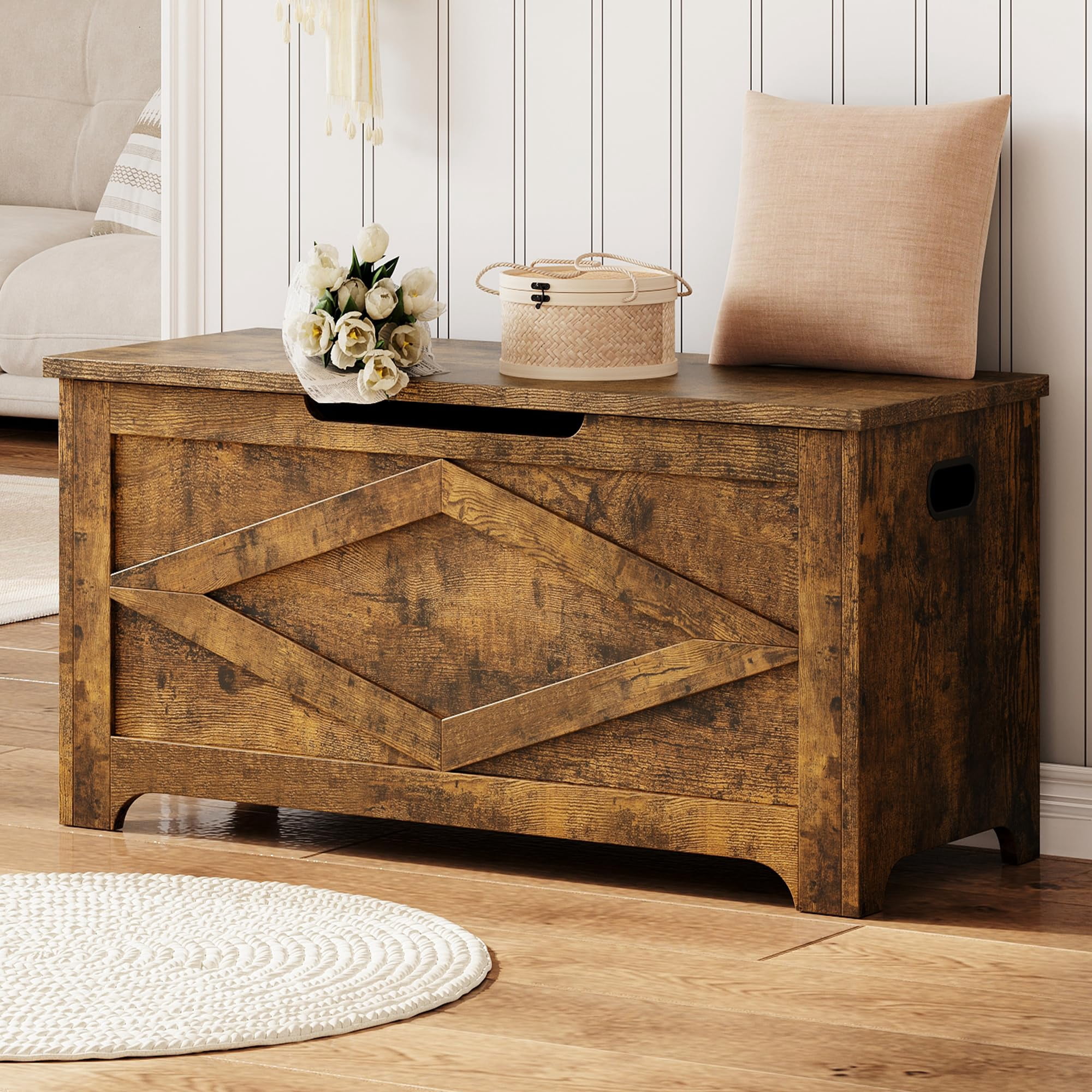 KOKEBREN 39.4"L Storage Chest, Wooden Toy Storage Bench, Modern Style Lift-Top Toy Chest with Safety Hinge for Entryway, Bedroom, Living Room,Brown