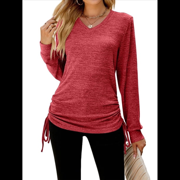 Camisetas para Mujer, Larga, Cuello en V, Básicas, Informales, Holgadas, Suaves, para Otoño. Rojo M