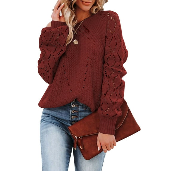 Asyoly Women's Crochet Knit Sweater Casual Long Sleeve Crewneck Lightweight Hollow Out Elegant Pullover Lightweight Jumper Loose Top