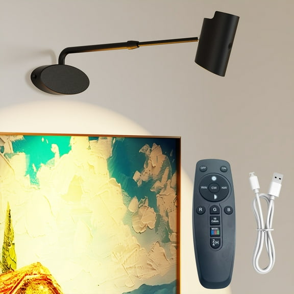 LED Picture Lights, Adjustable Length Wireless Art Light, Battery Operated 360° Rotatable Lamp Head, Dimmable Art Lighting with Remote Control for Paintings
