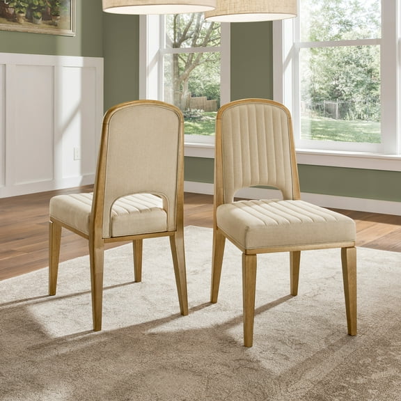 Weston Home Alta Wood Finish Cream Fabric Channel Stitching Dining Chair, Set of 2, Oak Wash