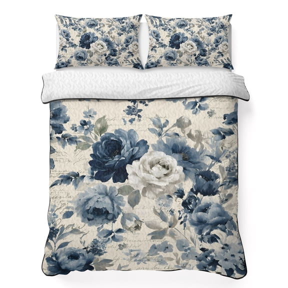 Vintage Blue Floral 3 Piece Quilt Bedding Set with 2 Pillow Shams, Romantic White Rose Botanical Country Lightweight Bedspread Coverlet, Soft Breathable All Season Quilt, 79 x 90 Inch