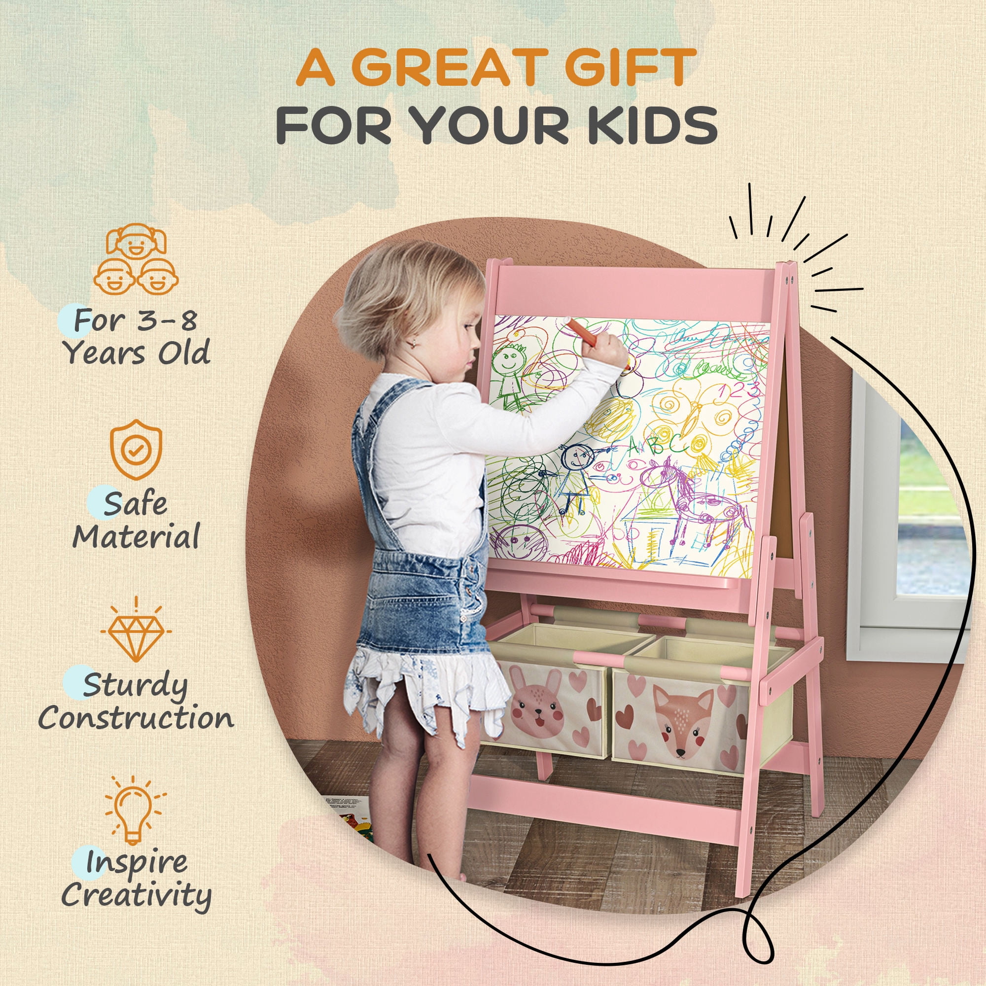 Qaba Art Easel for Kids with Paper Roll, 3 in 1 Toddler Painting Easel with Blackboard, Whiteboard, Storage Baskets, Pink