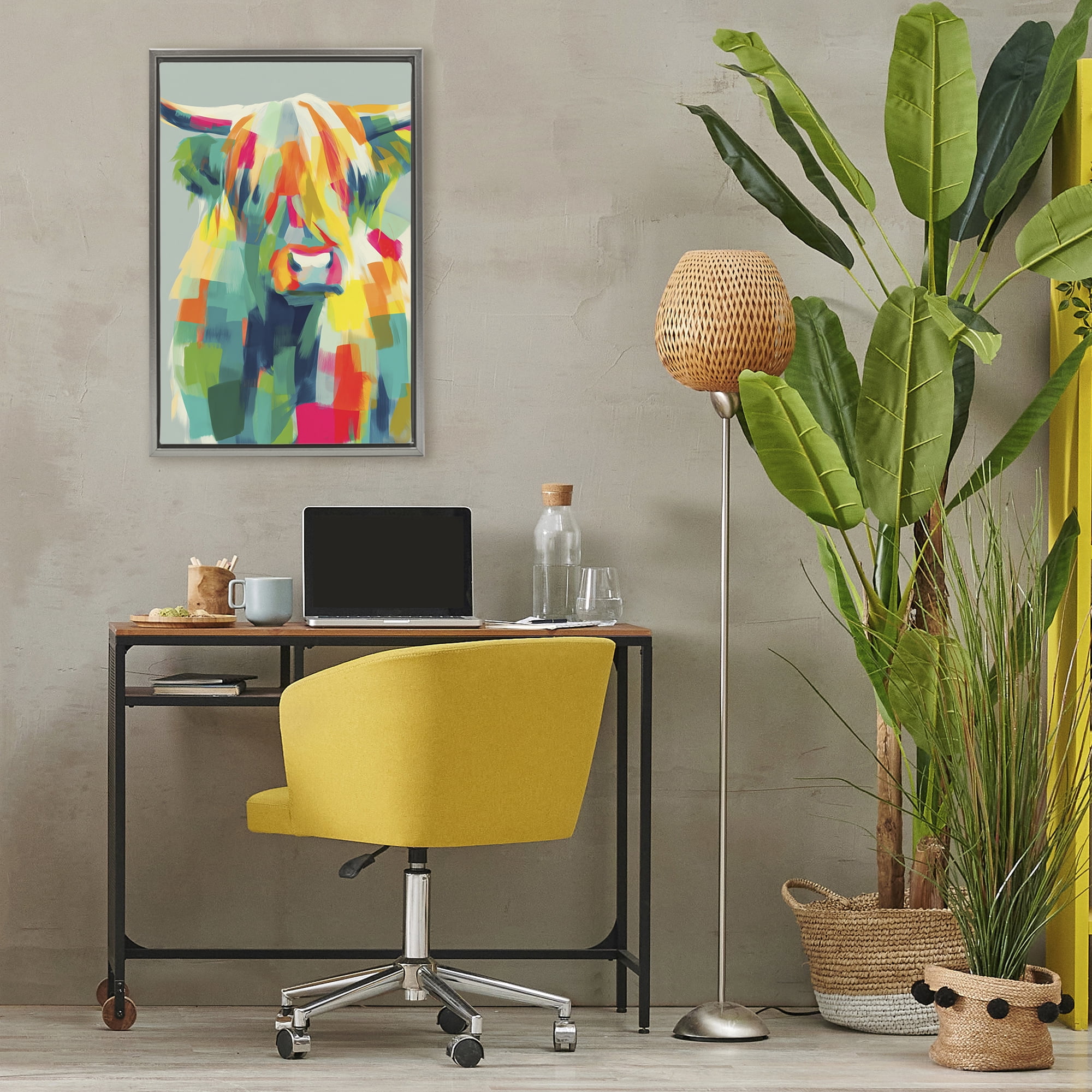 Stupell Industries Highland Cow Abstract Patchwork Gray Framed Floater Canvas Wall Art, design by Chromatic Storm Studio