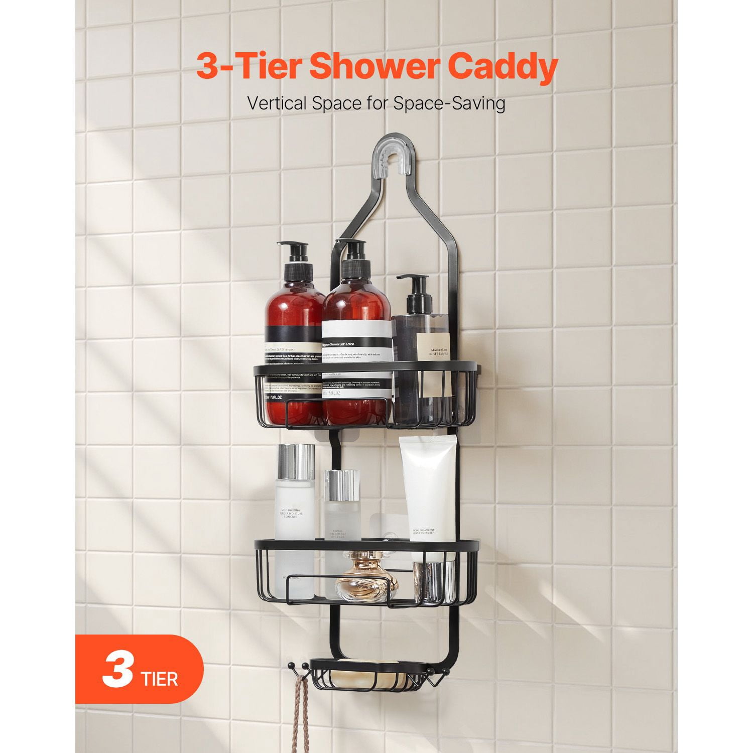 Shower Caddy 3-Tier, Over-the-Showerhead Design with No Drilling, Supports Up to 40lbs, Rust-Proof Coating, Hollow Drainage Design for Bathroom Storage