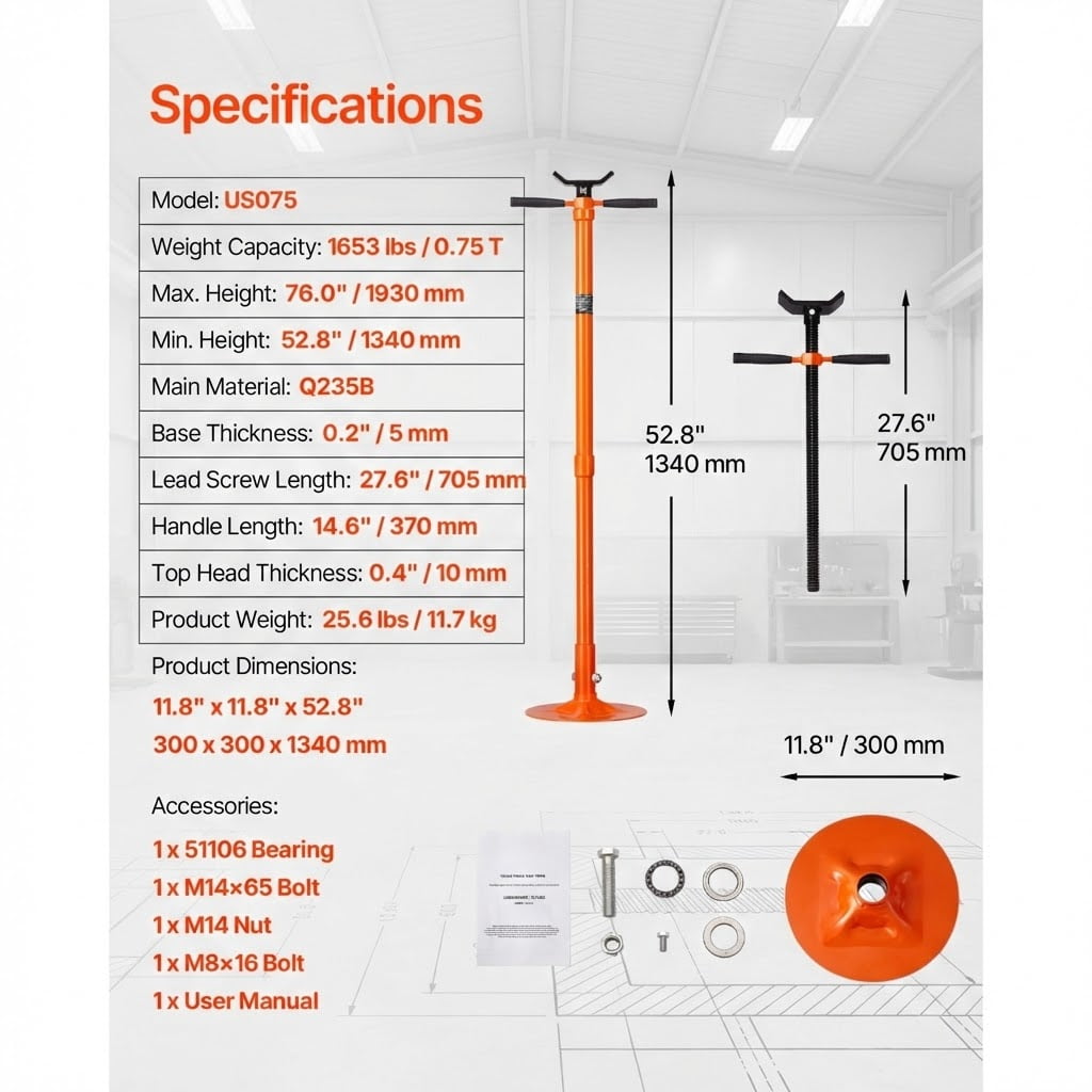Underhoist Support Stand, 3/4 Ton Capacity Under Hoist Jack Stand, Lifting from 52.8 to 76 in, Self-Locking Threaded Screw, Bearing Mounted Spin Handle Pole Jack, Support Vehicle Components