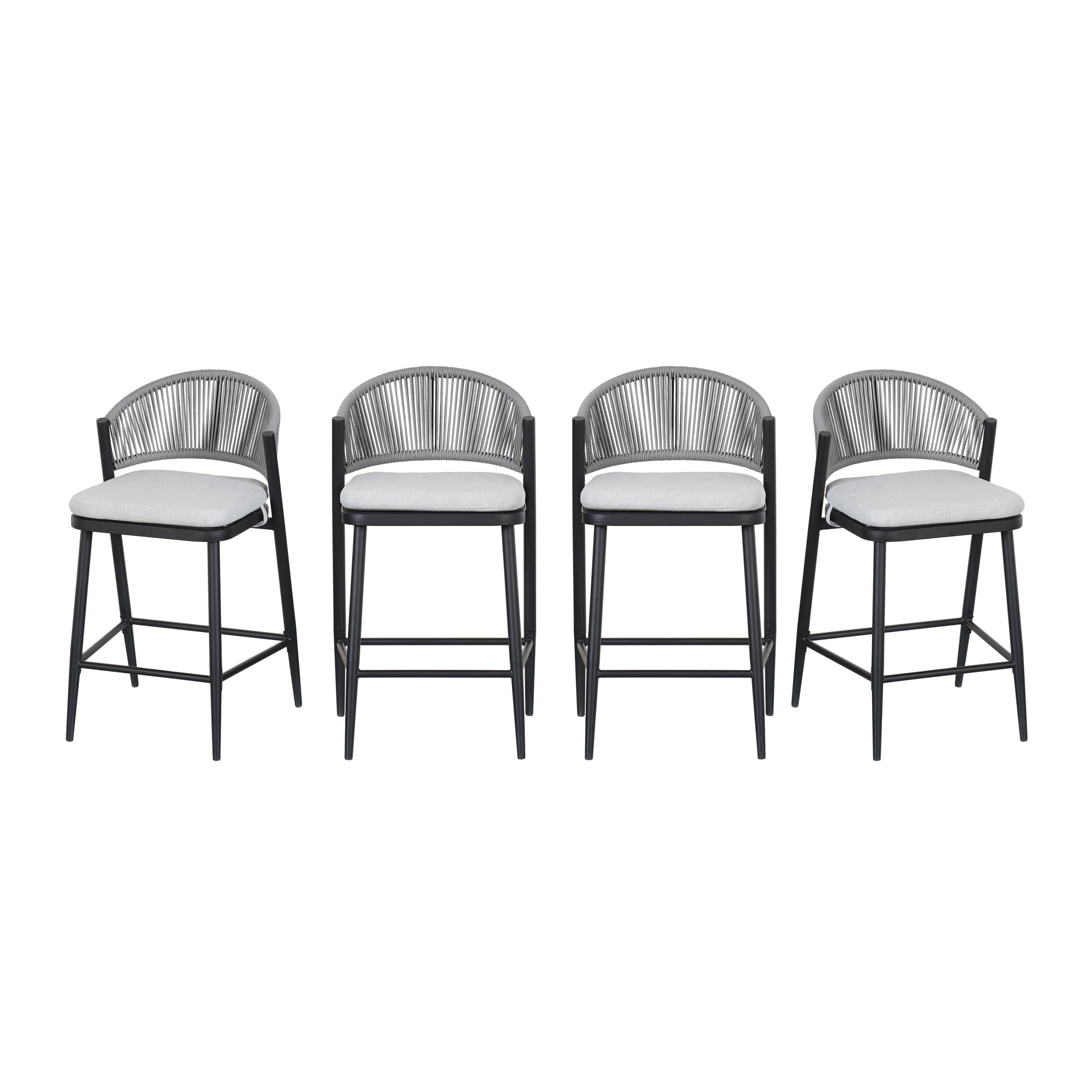 Amara Modern Outdoor Patio 26"H Counter Stools with Wicker Backrest, Iron Frame, Water-Resistant Cushion, Matte Black, Set of 4