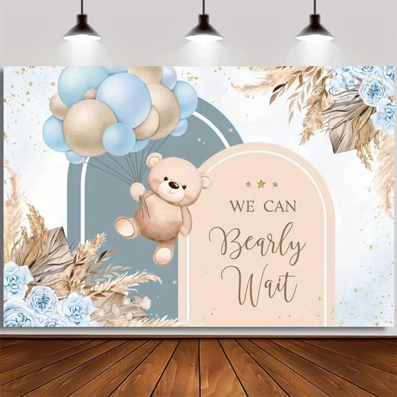 Bear Baby Shower Backdrop We Can Bearly Wait Photography Background for Boys Boho Pampas Grass Blue Floral Newborn Shower Birthday Party Decorations Banner Supplies Photo Booth Props