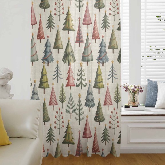 Christmas Trees Semi Sheer Curtains Drapes for Living Room, Bedroom, French Doors Window 54 Inches Long, Winter Xmas Watercolor Pine on Linen Rod Pocket Chiffon Curtain Drapery Voile Draperies Panel
