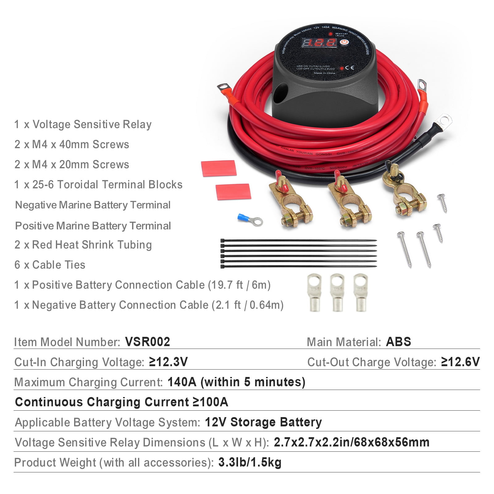 KFFKFF Twin Battery Separation Kit, 12V 140Amp, Manual and Automatic Functions VSR Voltage Responsive Relay with LCD Display, Intelligent Battery Separator for ATV UTV RV Camper Off-Terrain Vehicle