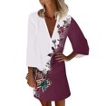 thumbnail image 2 of YDKZYMD Dresses for Older Women Summer Floral Casual Mini Sundress Button Up V Neck Bell Swing Dress Loose 3/4 Sleeve Flowy T-Shirt Dress Purple M, 2 of 5