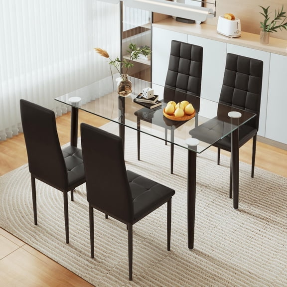 uhomepro Black Kitchen Table Set, 5 Pieces Dining Table Set, Tempered Glass Dining Table and Chairs Set for 4, Upgraded Iron Dining Room Table Set with 4 PU Leather Chairs, XL