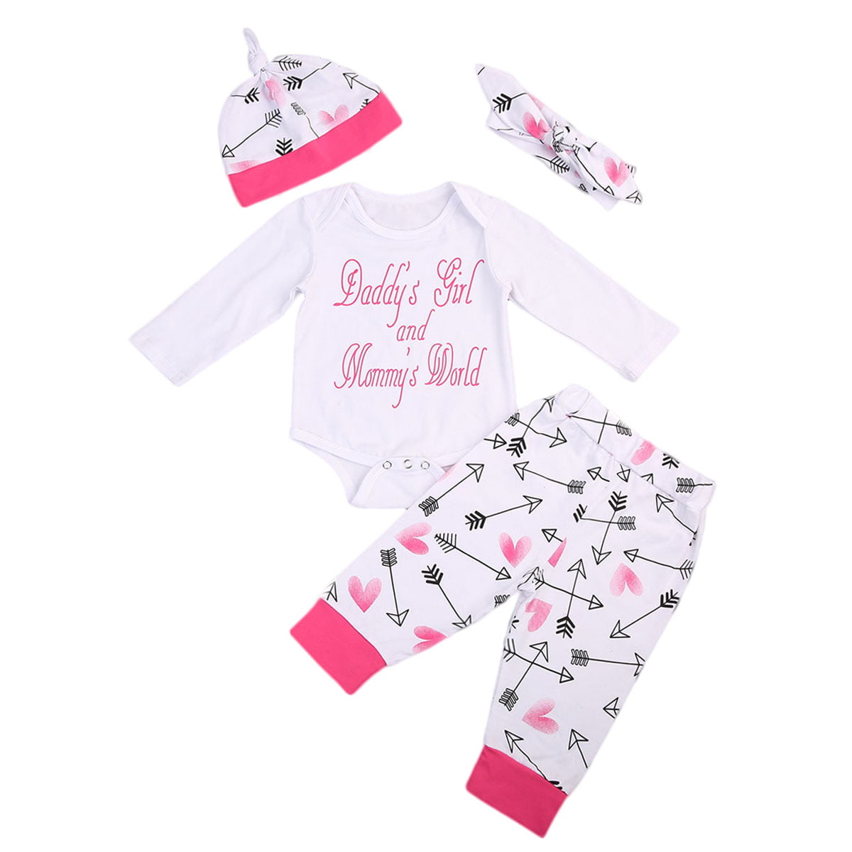 4pcs Leisure Baby Girl Clothes Set Long Sleeve Romper+Pants+Two Headdresses /Neu 