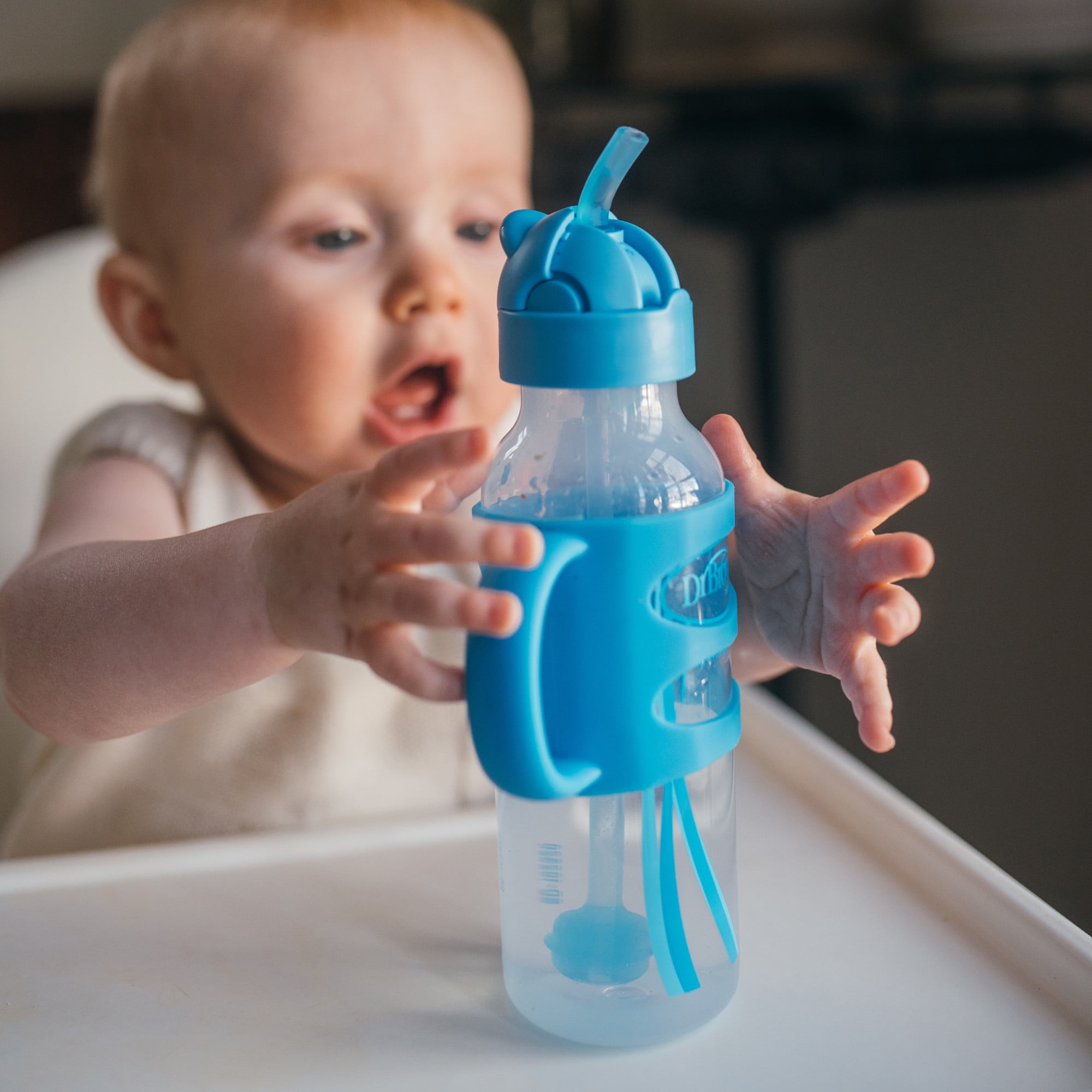 Dr. Brown's Milestones Narrow Sippy Straw Bottle, 100% Silicone Handles, 8oz/250ml, Blue/Gray 2 Pack
