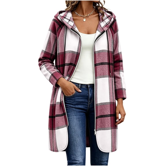 QIYAGBSA Hoodies for Women Full Zip Up Long Sleeve Plaid Hooded Jacket with Pockets Casual Fall Outerwear (Purple, L)