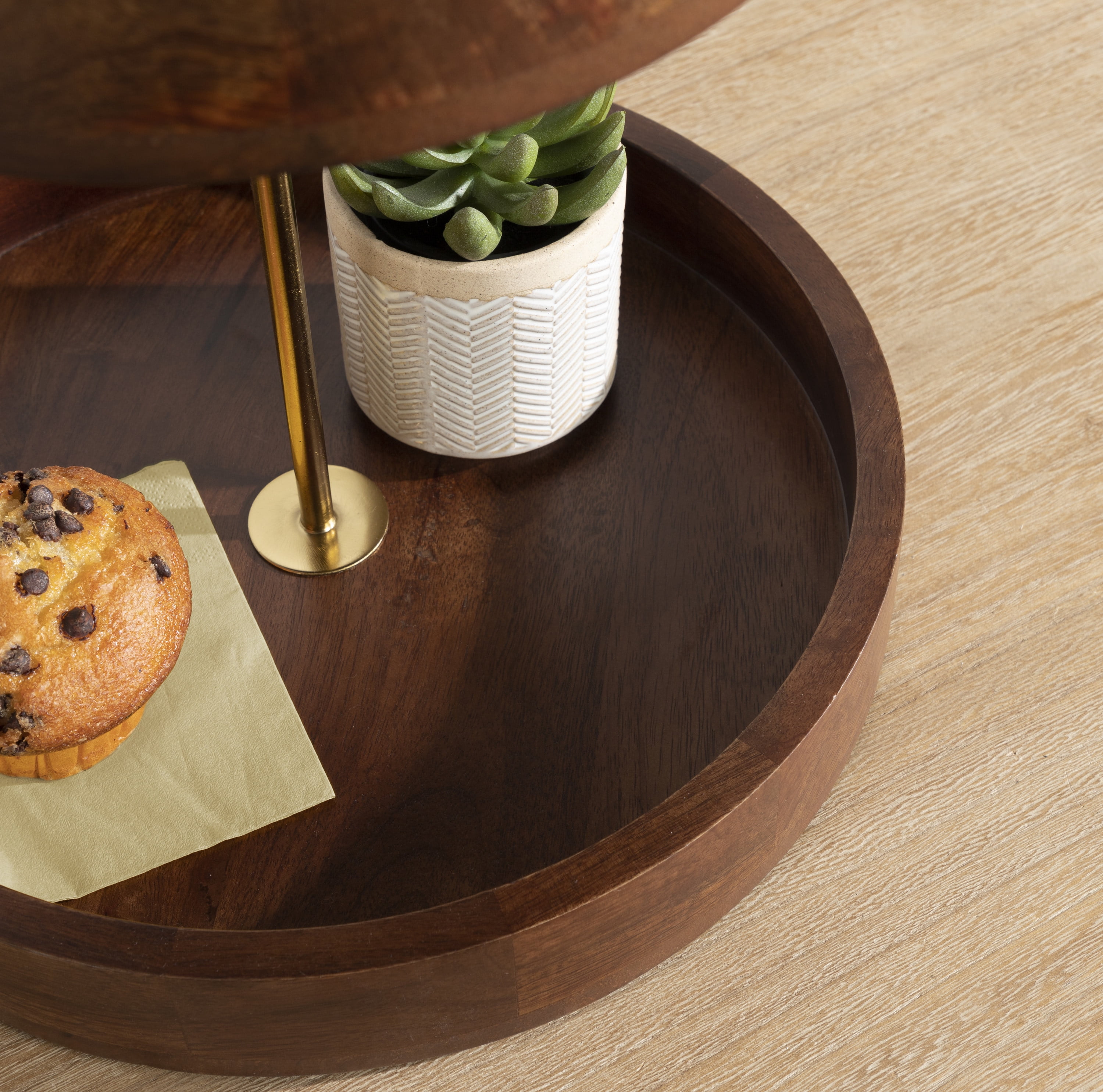 Kate and Laurel Lipton Modern Two Tier Tray, 13 x 13 x 20, Walnut Brown and Gold, Glam Decorative Tray