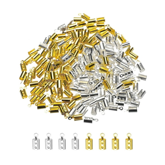Uxcell 200Pcs Cord End Caps, Barrel Beads Kumihimo End Caps Stainless Steel for Leather Ribbon Clamp Clasp (2 Colors)
