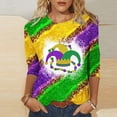 thumbnail image 2 of S LUKKC LUKKC Mardi Gras Shirt For Women Summer Carnival Theme Party Outfits Casual Fashion Print Pullover Round Neck 3/4 Sleeve Top Blouse, 2 of 4