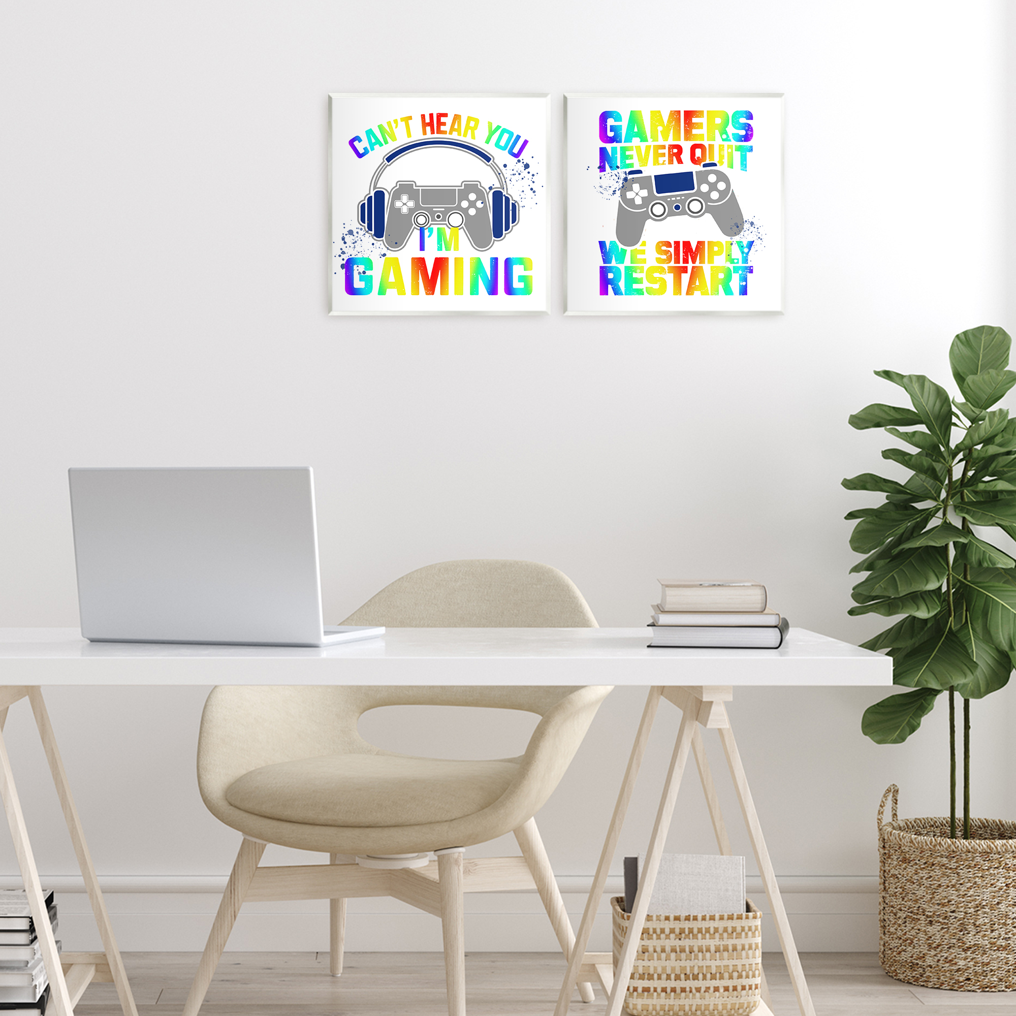 Rainbow Retro Gaming Phrases 2 Piece Wall Plaque Art Set, design by Kim Allen