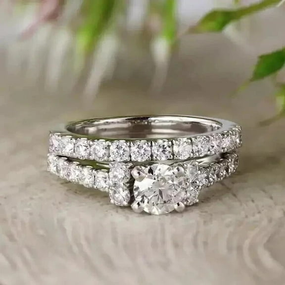 2.00CT Round Cut Simulated Diamond Bridal Set Wedding Ring 14K White Gold Plated 925 Silver For Women's