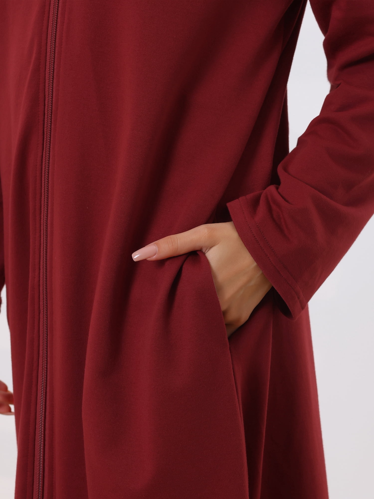 Unique Bargains Womens Robe Zip up Hooded House Dress Nightshirt Hoodie Long Bathrobe XL Red