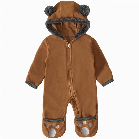 WUANDIXFA Baby Winter Fleece Jumpsuit, Full Zip-Up Soft Hooded Thicken Warm Newborn Home 0 3 6 18 24 Months One‑Piece Romper, Coffee, 3-6 Months