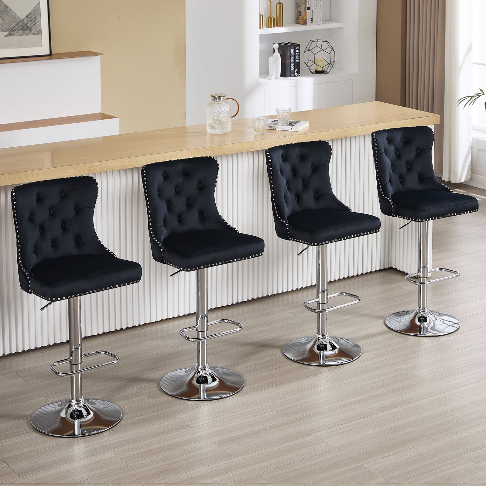 Velvet Bar Stools Set of 2 Modern Counter Height Bar Stools with Lion Pull Ring Tufted Back, Nailhead Upholstered Barstools for Home Kitchen Island, Swivel Adjustable Stool Chair in Black
