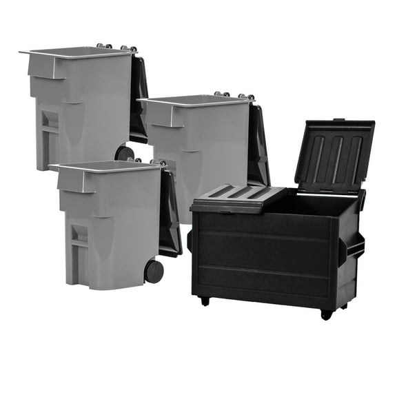 Black Dumpster & 3 Gray Trash Cans With Lid & Wheels for WWE & AEW Wrestling Figures