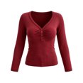 thumbnail image 3 of Fengqque Women’s Henley V Neck Long Sleeve Casual Top, Ruched Front Button Detail Slim Fitted long sleeve tee , Soft Stretchy Basic Top for Fall Winter Wine, 3 of 9