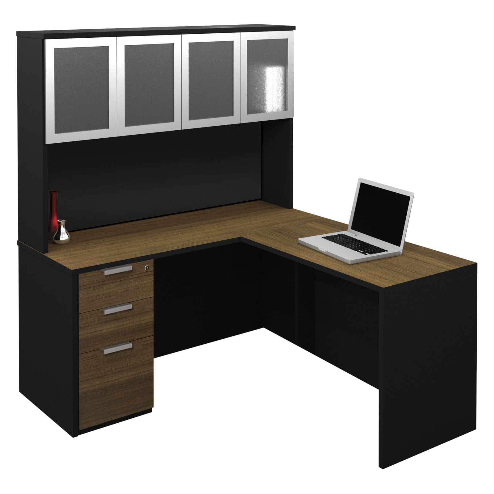Bestar Pro Concept L Shaped Workstation With High Hutch And One Bestar Pro Concept L Shaped Workstation With High Hutch And One Assembled Pedestal Milk Chocolate Bamboo Black Com