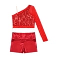 thumbnail image 4 of iiniim Kids Girls Jazz Hip Hop Dance Sequins Mesh Long Sleeve One Shoulder Dance Top with Shorts Red 6, 4 of 7