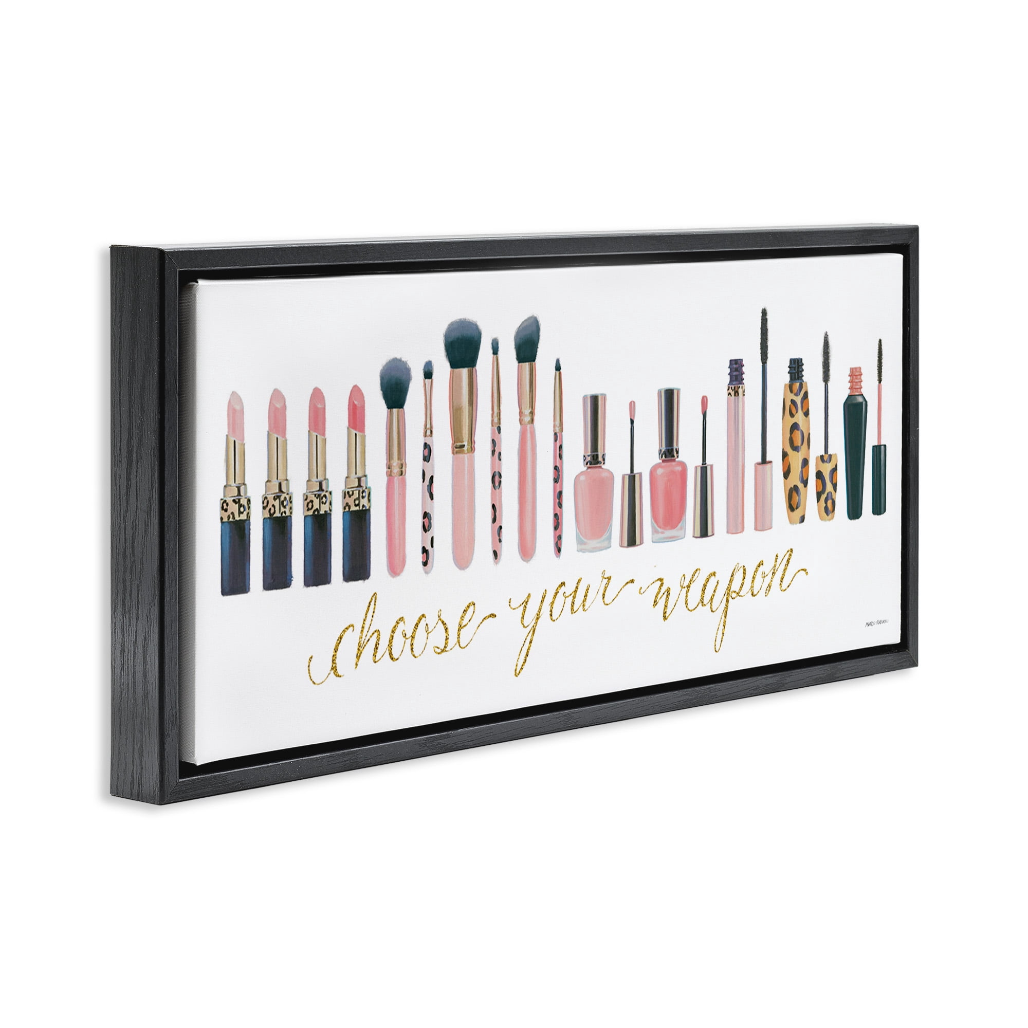Stupell Industries Choose Your Weapon Glam Makeup Typography Painting Black Floater Framed Canvas Art Print Wall Art, 25 x 11