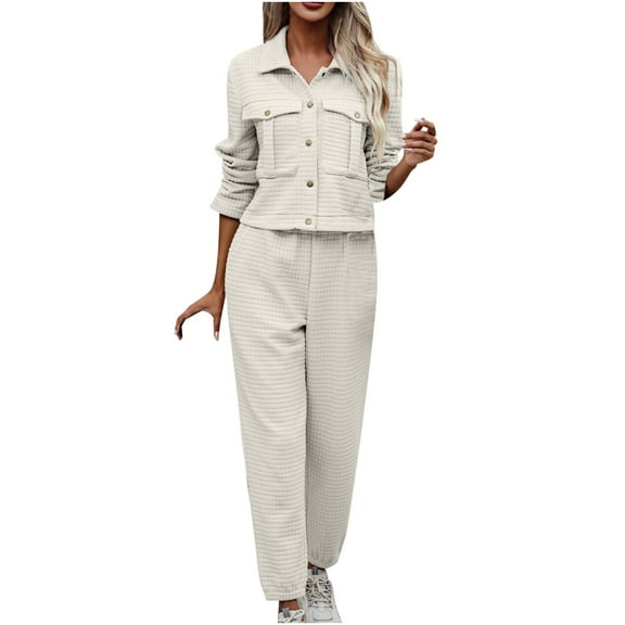 Cyber&Monday Deals Usmixi Lounge Set for Women 2 Piece Outfits for Women Knitted Button Lapel Shirt Jacket and Wide Leg Long Pant Matching Set Casual Solid Coat 2 Piece Set with Pocket Holiday Deals
