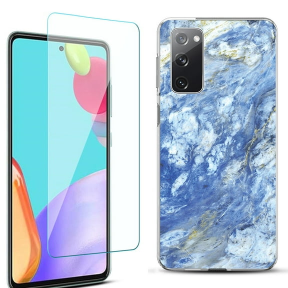 Slim-Fit Protective Phone Case for Samsung Galaxy S20 FE 5G Fan Edition, with Tempered Glass Screen Protector, by OneToughShield ® - Marble / Gem Blue