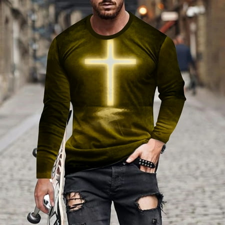 

Tao Jesus Shirts for Men 2024 Fall Long Sleeve Pullover Tops Christian Cross Print Slim Fit Tshirt Cotton Crewneck Shirts GoldXL