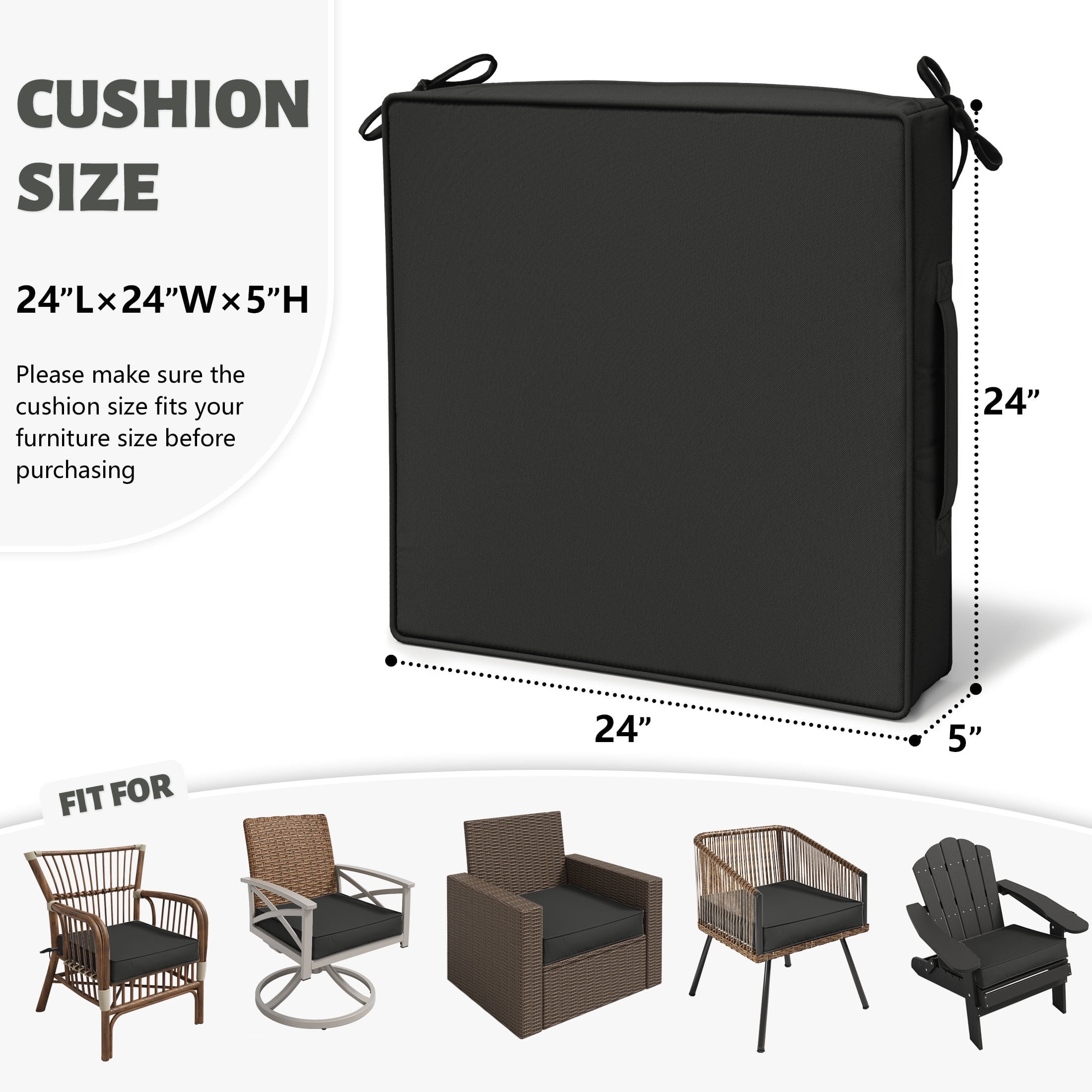 Kimunuk 4 Pack Outdoor Chair Cushions, 24" x 24" Waterproof Outdoor Seat Cushions Couch Pads with Ties & Handle for Patio Furniture, Black