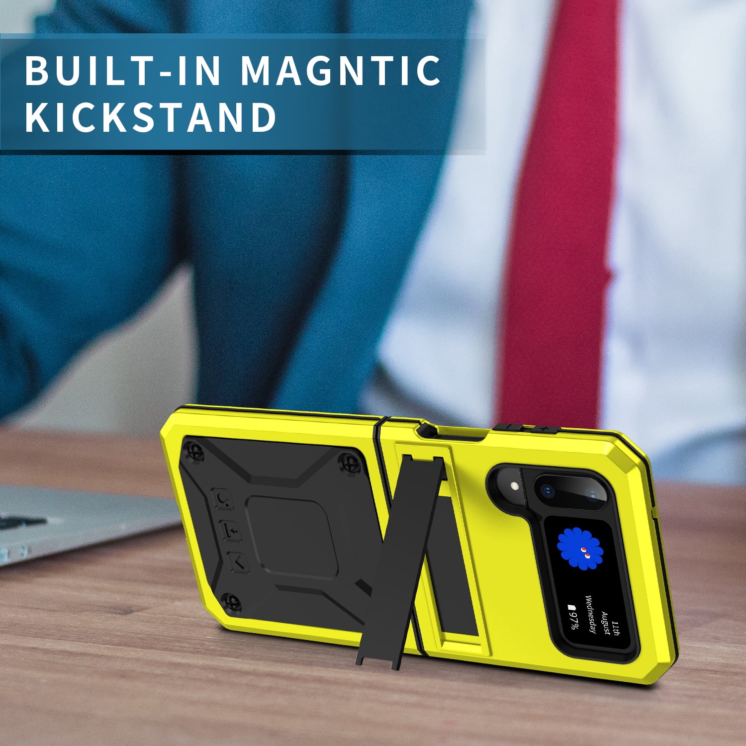 ELEHOLD for Samsung Galaxy Z Flip 4/3 6.7" Case, Heavy Duty Armor Built-in Explosion-Proof Tempered Glass Screen Protector Wireless Charging Hang Rope Hidden Kickstand Shockproof Rugged Case,Yellow