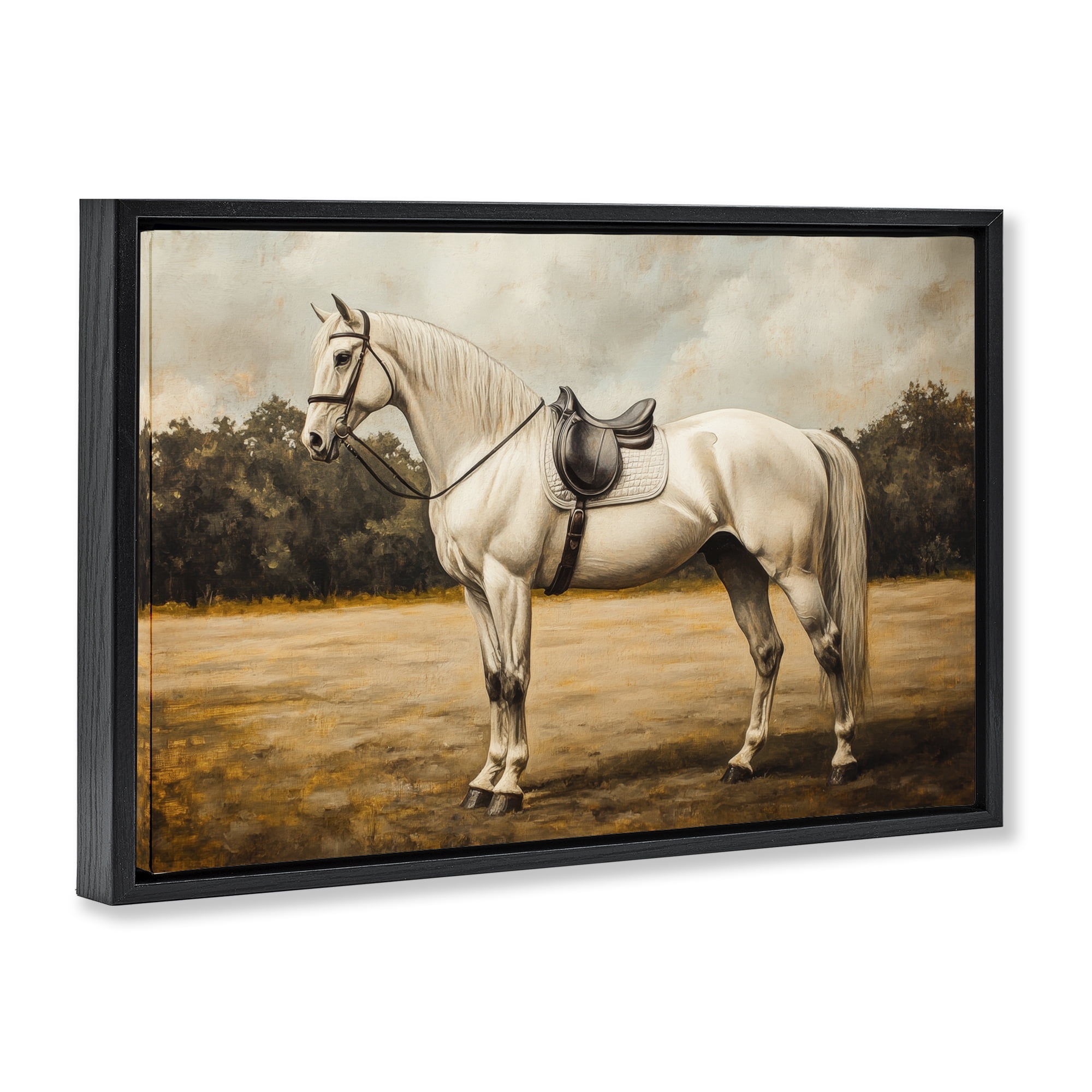 Stupell Industries White Mare with Saddle Black Framed Floater Canvas Wall Art, design by Petal Prints Design