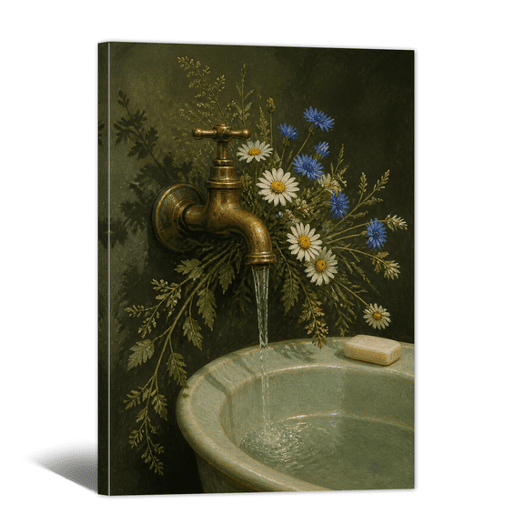 Rural Style Bathroom Canvas Wall Art Bathtub Faucet & Flowers Picture Print, Rustic Vintage Artwork Nature Aesthetic Painting for Restroom Shower Room Home Decor
