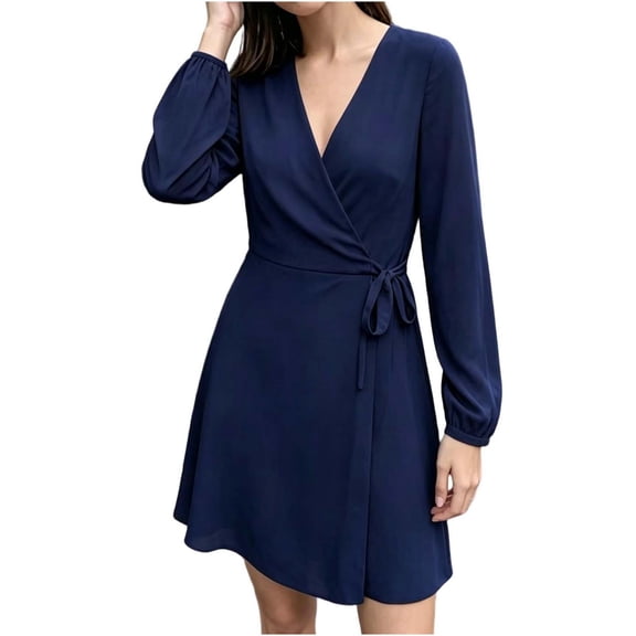 Cmfcve Wrap Dresses for Women A-Line Casual Long Sleeve v Neck Tie Waist Mini Dress