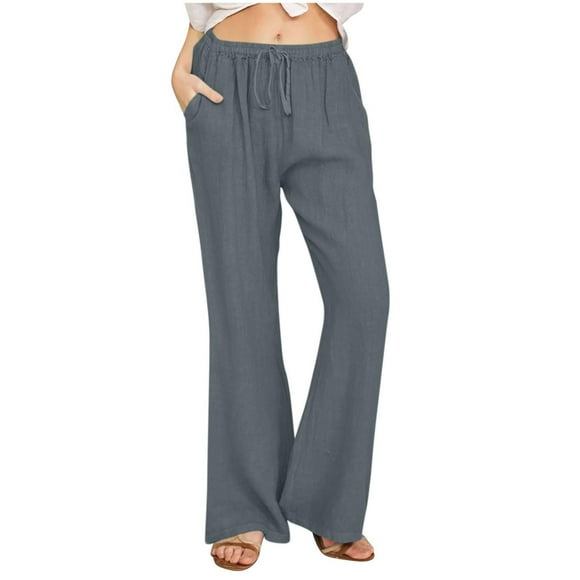 Pantalones de lino acampanados de cintura alta para mujer - Poliéster, corte holgado, informal de verano