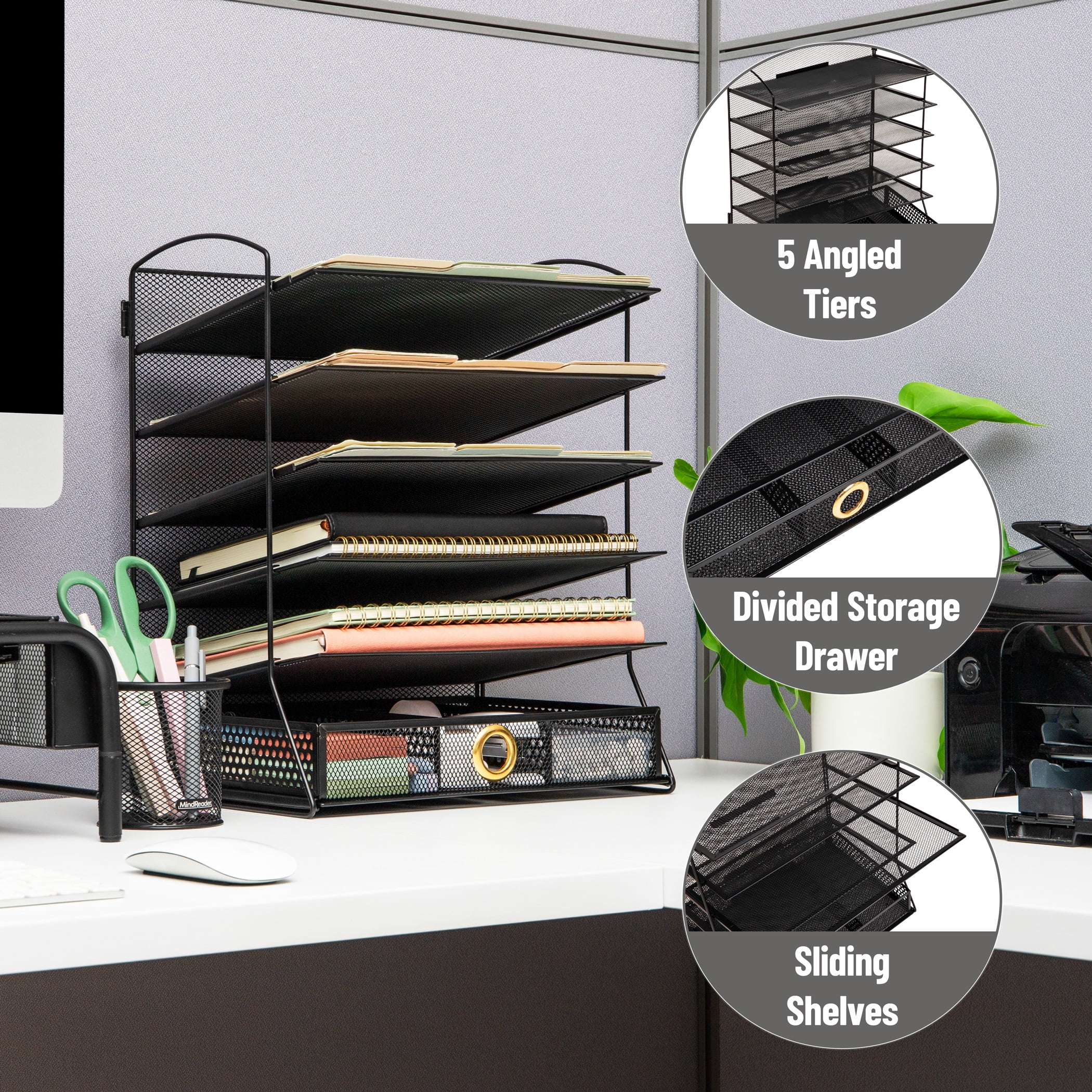 Mind Reader 5 Tier Metal Mesh Desk Organizer with Sliding Trays and Drawer in Black