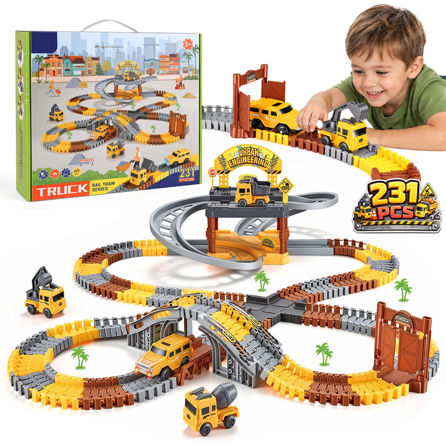 Hope wood 231PCS City Construction Race Tracks Toy for 3 4 5 6 7 8 Year Old Kids Flexible Track Play Set Engineering Road Games Birthday Gift for Boys Girls